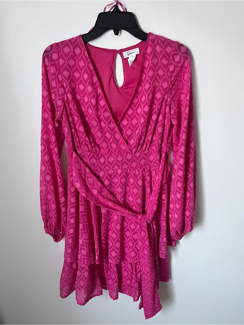 Japra Fuchsia Wrap-Style Long Sleeve Tiered Dress S Pink geometric